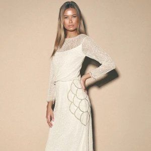 Lulu's Brooklyn White Beaded Long Sleeve Maxi Dress